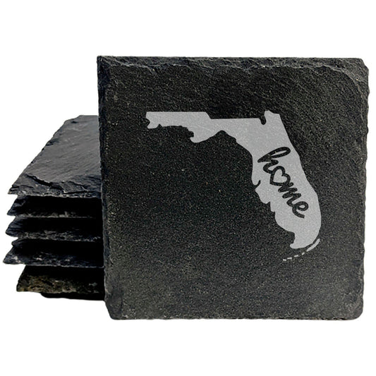Rustic Slate Coasters Set of 4 - Florida 'Home' Design with Heart - Round 4" - Perfect for Holidays, Birthdays, Housewarming - Made in Oregon, USA -  - Natural Chipped Edge