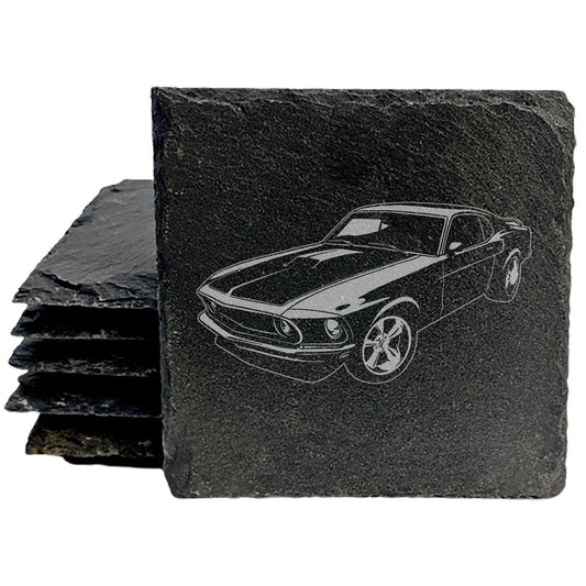 Vintage-Inspired Rustic Slate Coasters Set | Laser Etched 1969 Ford Mustang Fastback Design