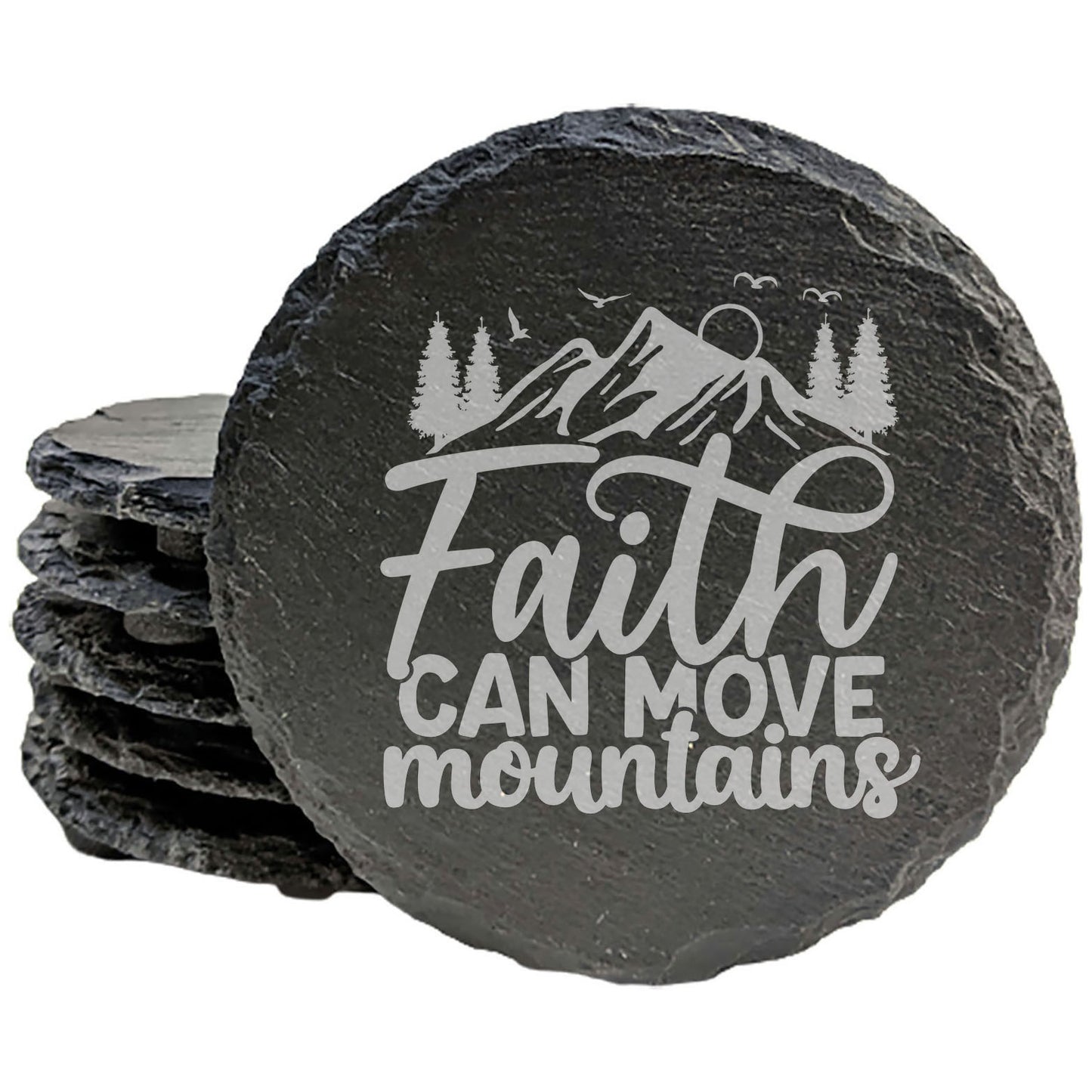 Inspirational Slate Coasters: "Faith Can Move Mountains" with Nature Scene
