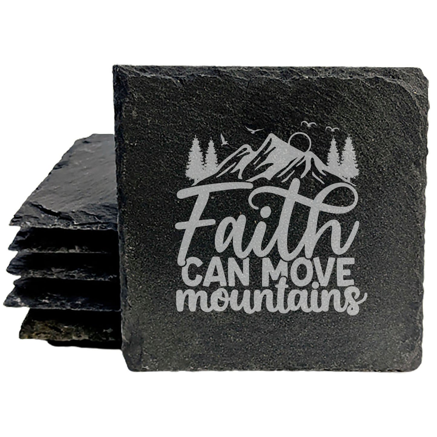 Inspirational Slate Coasters: "Faith Can Move Mountains" with Nature Scene