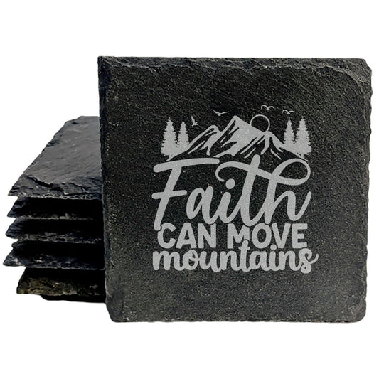 Inspirational Slate Coasters: "Faith Can Move Mountains" with Nature Scene
