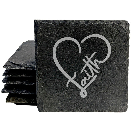 Laser Engraved Heart Coasters: "Faith" Design - Uplifting Home Decor