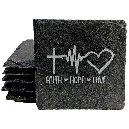 Faith, Hope, Love &amp; Heartbeat Coasters: Rustic Slate Set with Inspirational Symbols
