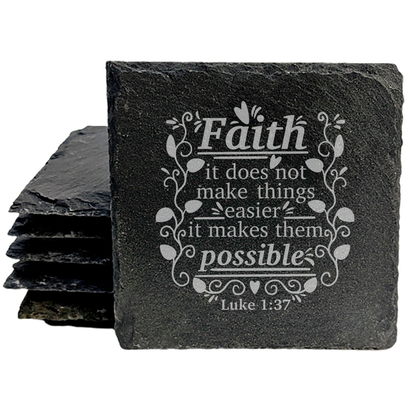 Faith and Hope: Laser Etched Scripture Coasters | Laser Engraved Luke 1:37 "Faith Makes It Possible" | Religious Home Decor