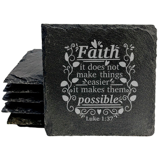 Faith and Hope: Laser Etched Scripture Coasters | Laser Engraved Luke 1:37 "Faith Makes It Possible" | Religious Home Decor