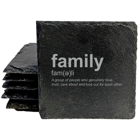 Family Definition Coasters: Love, Trust, Care Engraved in Rustic Slate