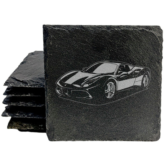 Rustic Gray Slate Coasters Set of 4 with  Ferrari 488 Design | Round or Square with Natural Chipped Edge &amp; Rubber Feet | Perfect All-Occasion Gift for Man Cave She-Shed Housewarming, Made in USA