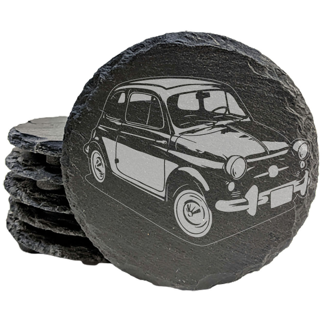 Rustic Gray Slate Coasters Set of 4 with Laser Etched 1958 Fiat 500 Design | All-Occasion Gifts for Holidays, Birthdays &amp; Housewarming | Round or Square Options | Handmade in Oregon USA