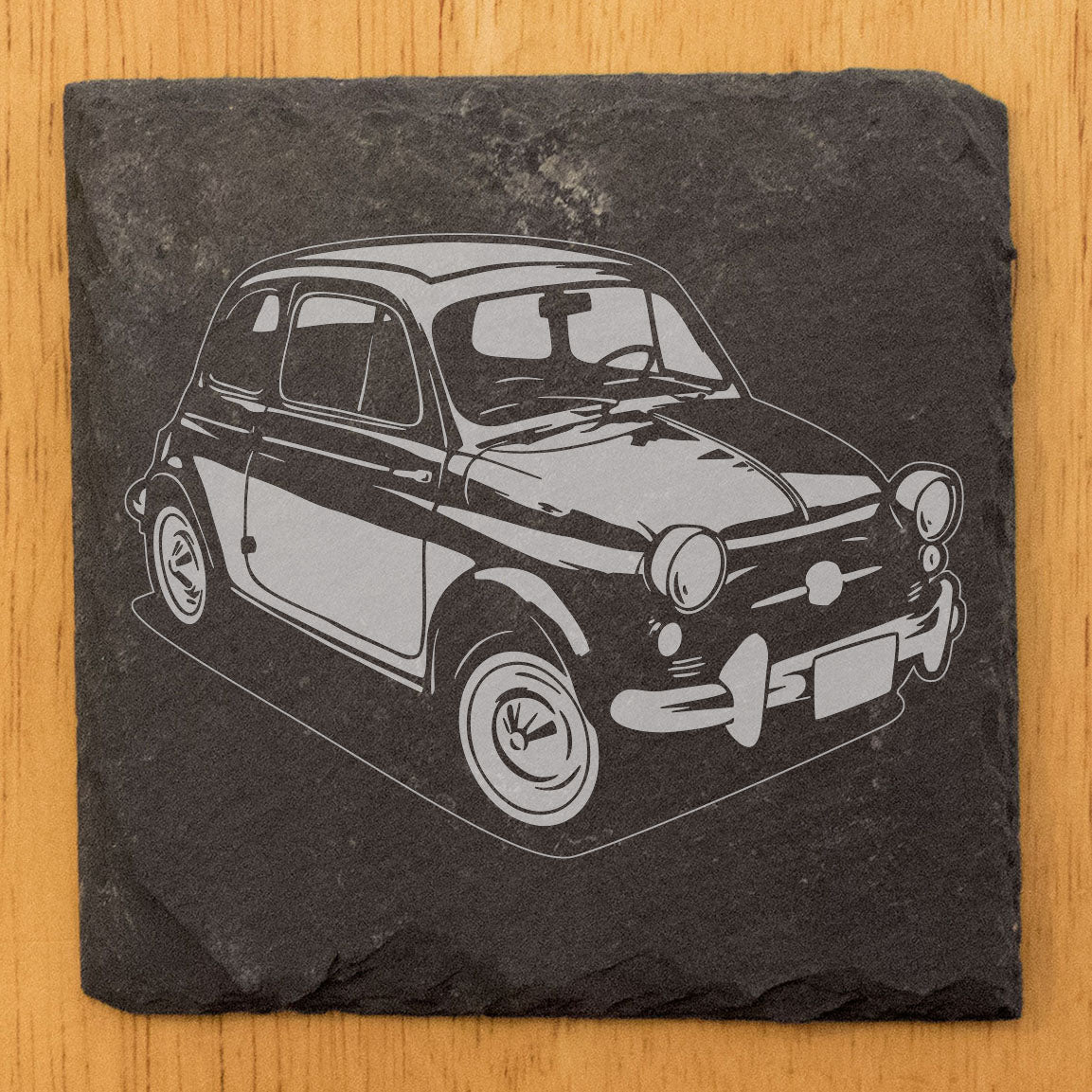 Rustic Gray Slate Coasters Set of 4 with Laser Etched 1958 Fiat 500 Design | All-Occasion Gifts for Holidays, Birthdays &amp; Housewarming | Round or Square Options | Handmade in Oregon USA