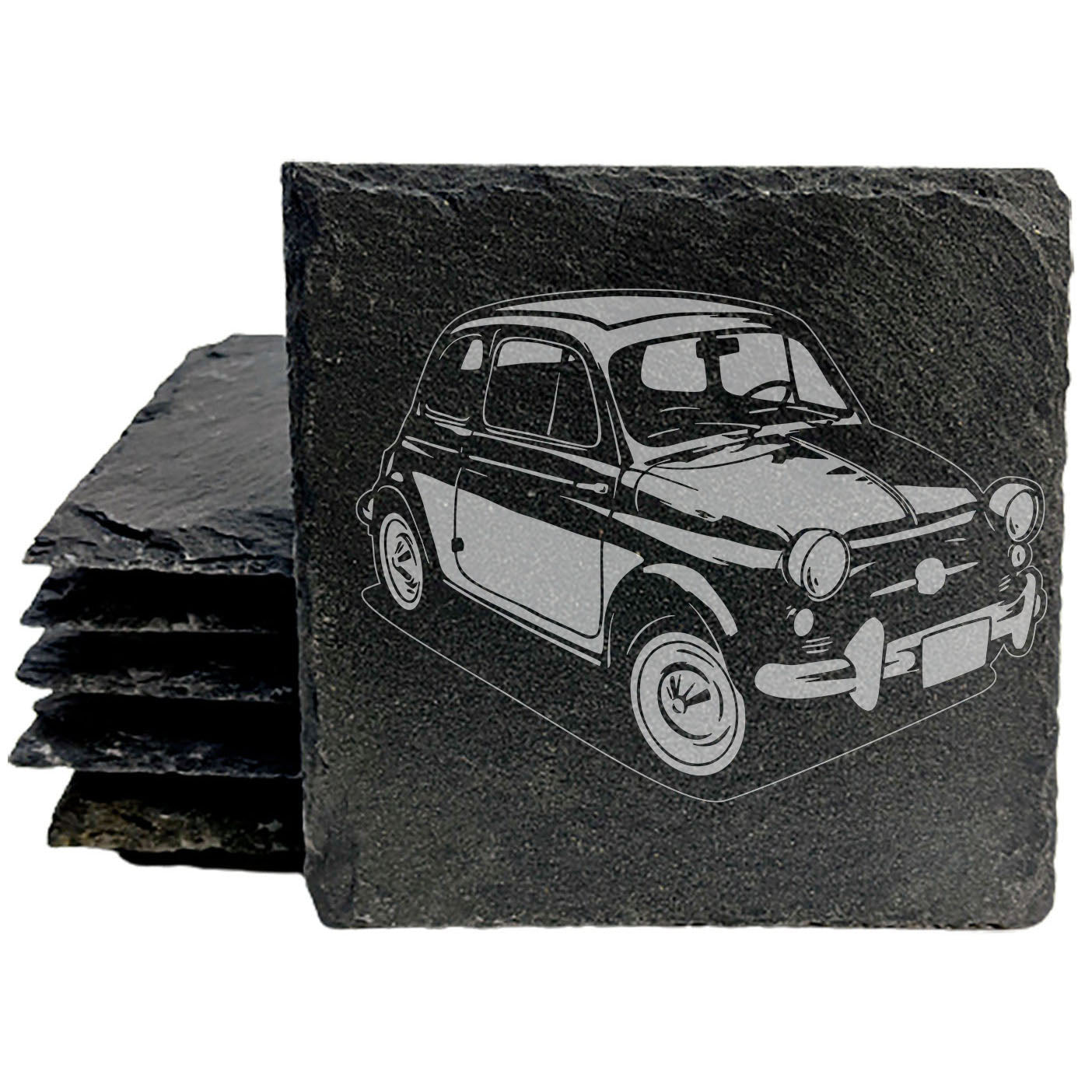 Rustic Gray Slate Coasters Set of 4 with Laser Etched 1958 Fiat 500 Design | All-Occasion Gifts for Holidays, Birthdays &amp; Housewarming | Round or Square Options | Handmade in Oregon USA