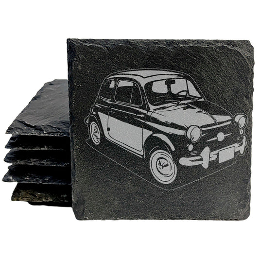 Rustic Gray Slate Coasters Set of 4 with Laser Etched 1958 Fiat 500 Design | All-Occasion Gifts for Holidays, Birthdays &amp; Housewarming | Round or Square Options | Handmade in Oregon USA