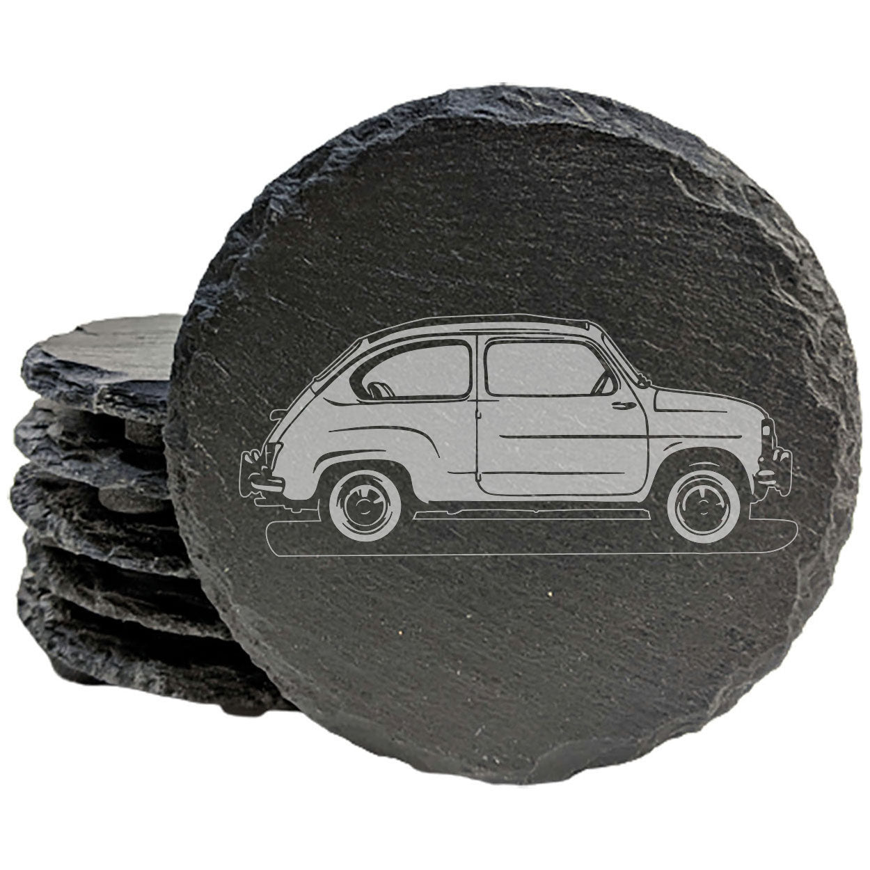 Rustic Gray Slate Coasters Set of 4 with Laser Etched 1960 Fiat 600 Design | Perfect Gift for Holidays, Birthdays &amp; Housewarming | Made in Oregon USA by Small Business | Round or Square Options