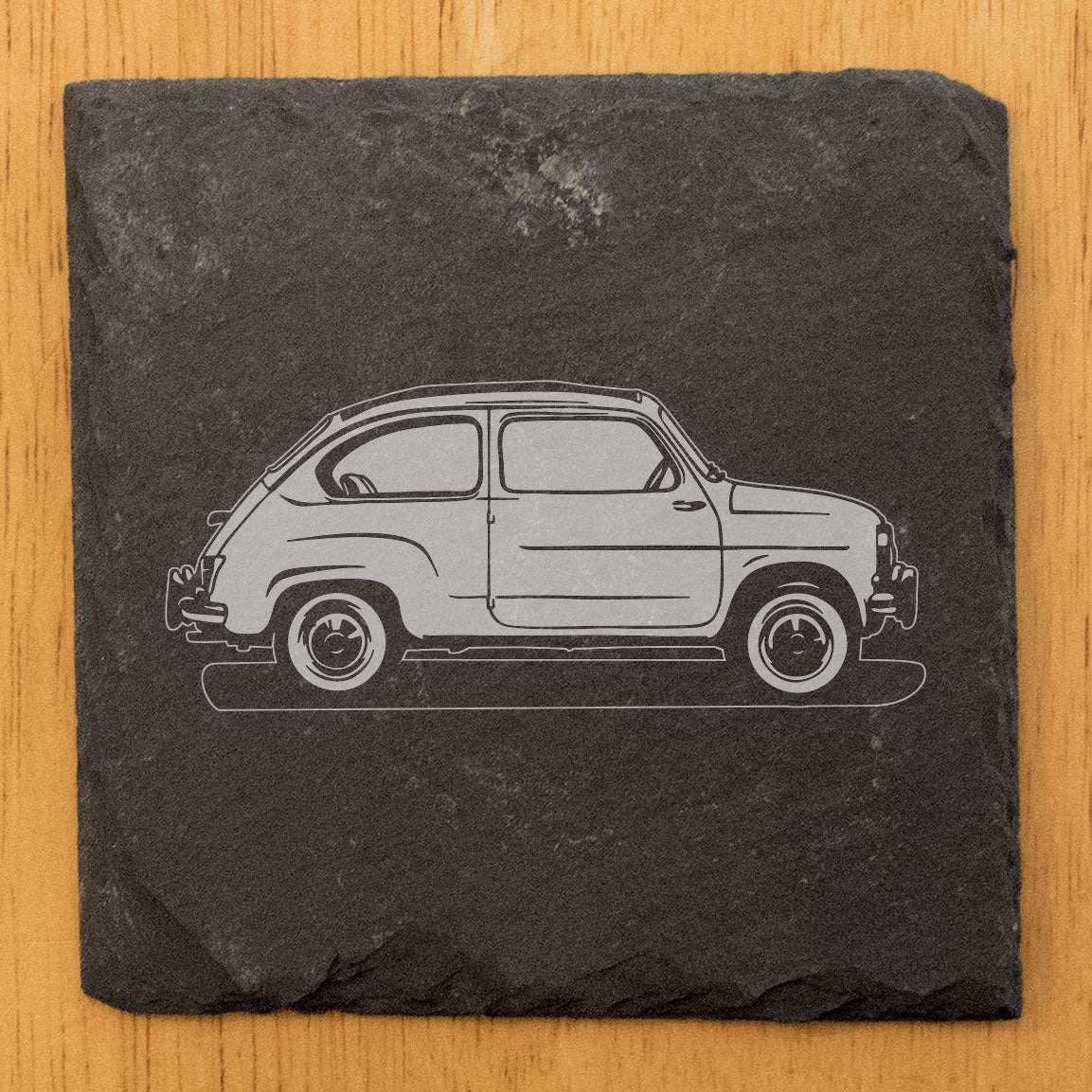 Rustic Gray Slate Coasters Set of 4 with Laser Etched 1960 Fiat 600 Design | Perfect Gift for Holidays, Birthdays &amp; Housewarming | Made in Oregon USA by Small Business | Round or Square Options