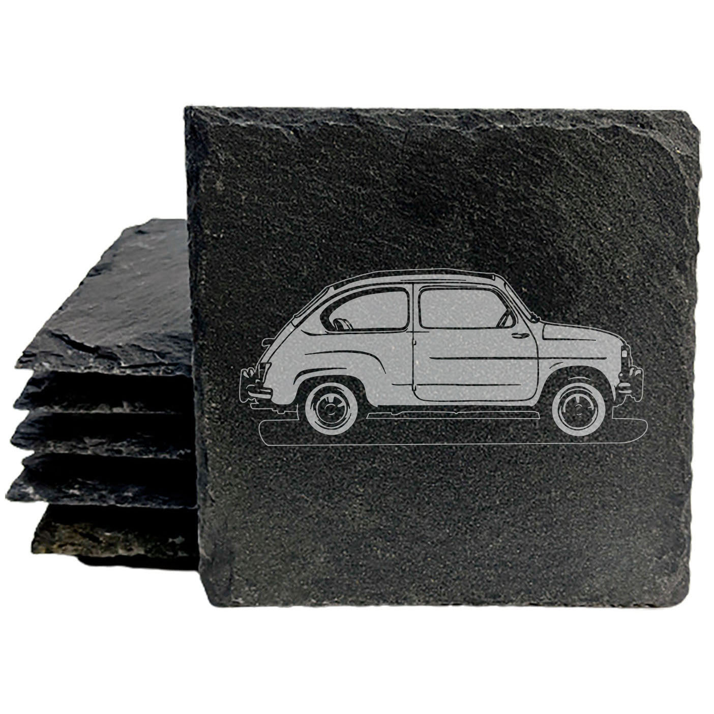 Rustic Gray Slate Coasters Set of 4 with Laser Etched 1960 Fiat 600 Design | Perfect Gift for Holidays, Birthdays &amp; Housewarming | Made in Oregon USA by Small Business | Round or Square Options