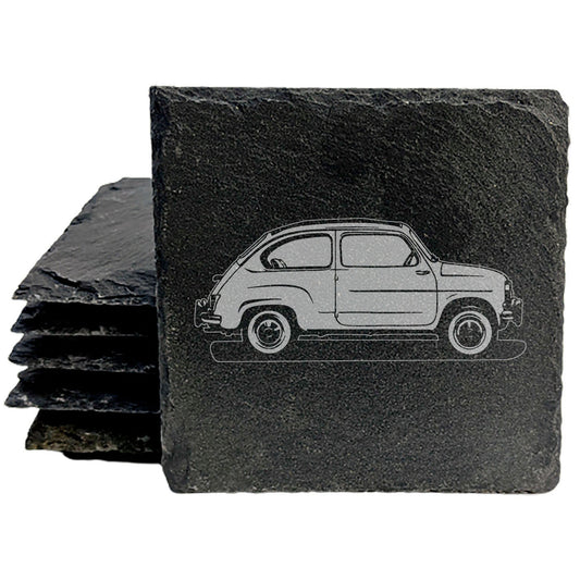 Rustic Gray Slate Coasters Set of 4 with Laser Etched 1960 Fiat 600 Design | Perfect Gift for Holidays, Birthdays &amp; Housewarming | Made in Oregon USA by Small Business | Round or Square Options