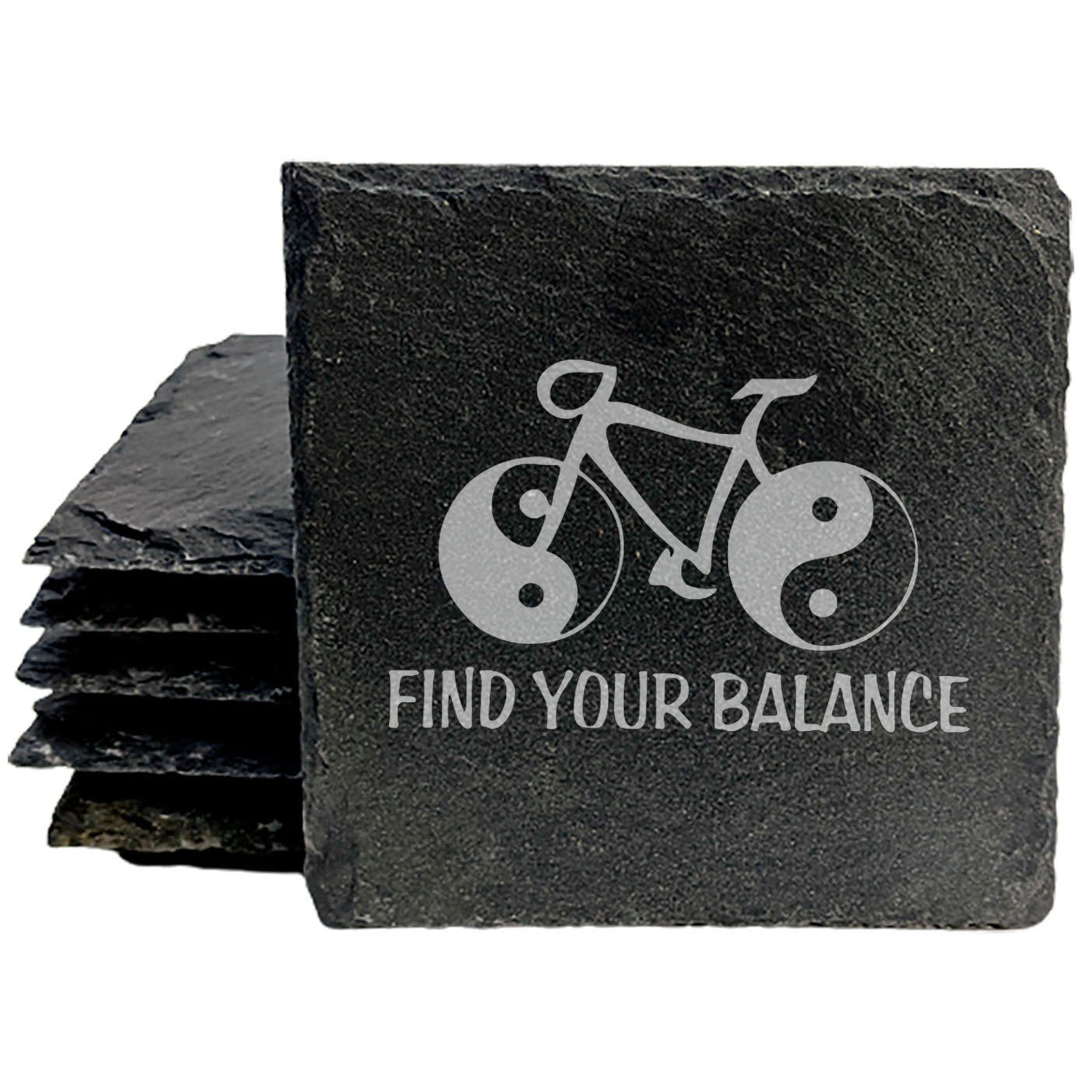 Bicycle &amp; Yin Yang Coasters: Rustic Slate, "Find Your Balance"