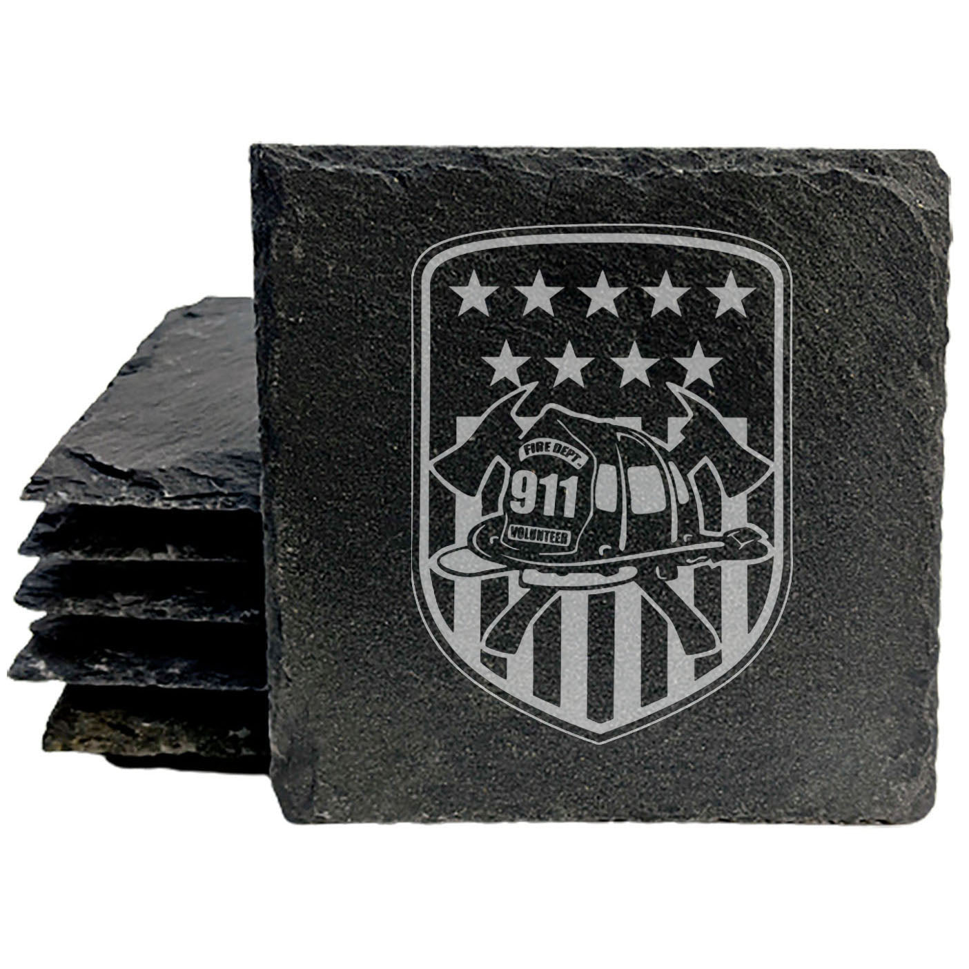Laser Etched Slate Coasters - Firefighter Tribute, American Flag