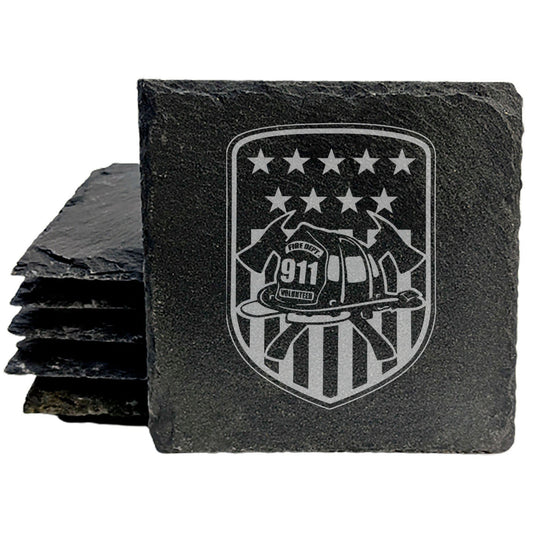 Laser Etched Slate Coasters - Firefighter Tribute, American Flag