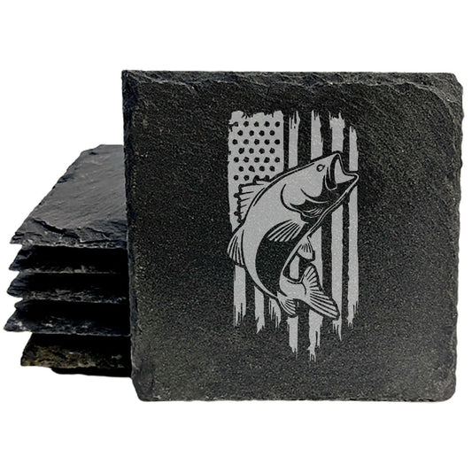 Laser Etched Slate Coasters - Patriotic Fish &amp; American Flag