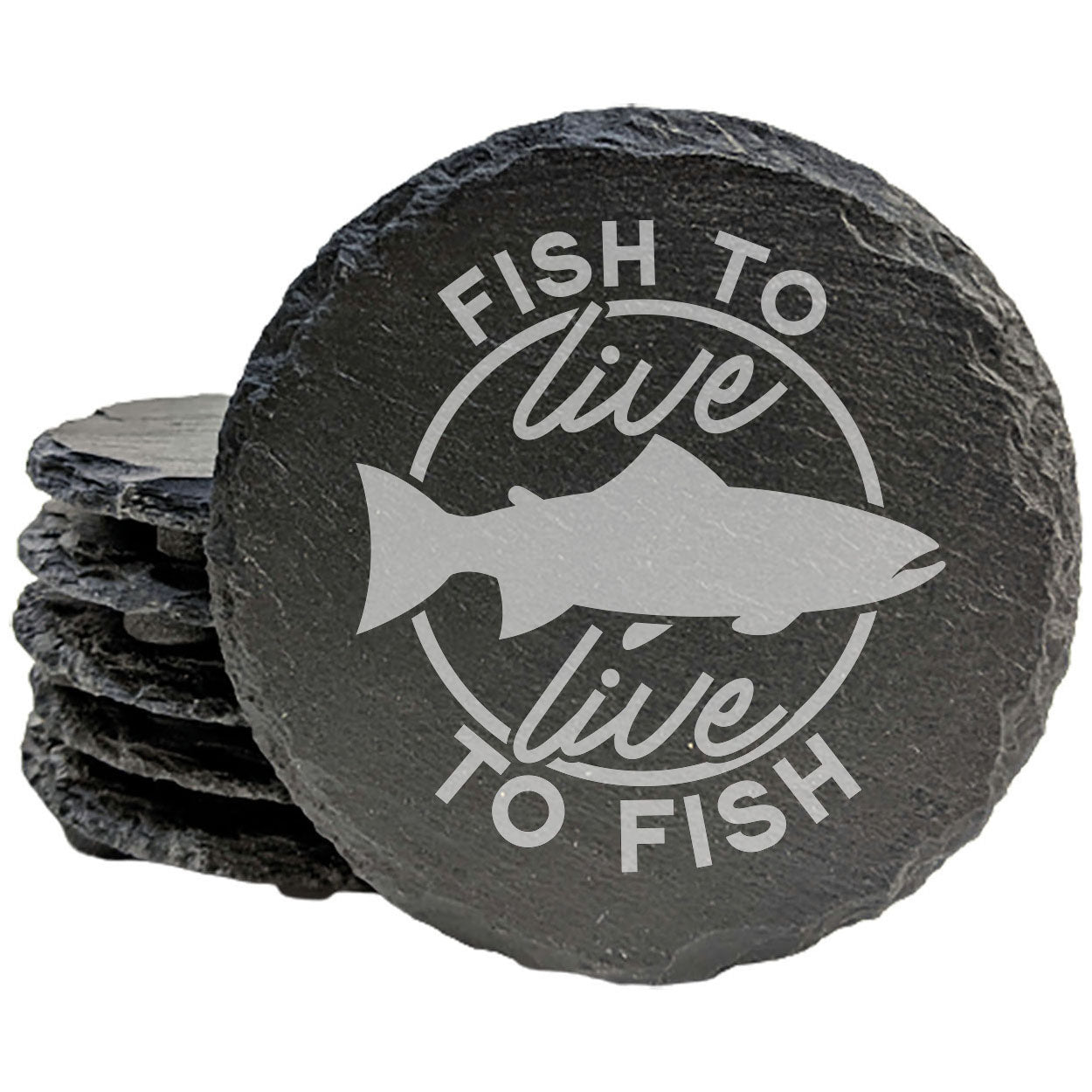 Rustic Slate Coasters: "Fish to Live, Live to Fish" - Funny Fish Quote