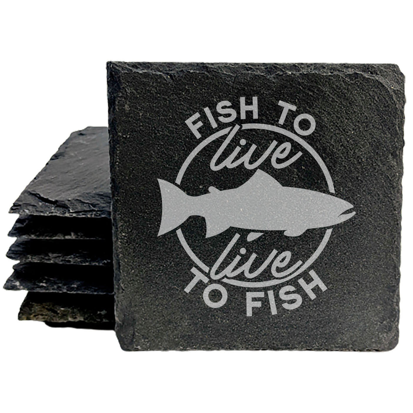 Rustic Slate Coasters: "Fish to Live, Live to Fish" - Funny Fish Quote