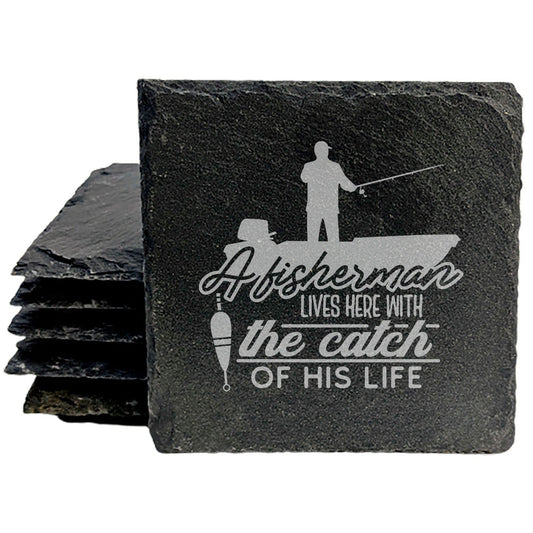 Fishing Lover Coasters: "Catch of His Life" - Rustic Slate, Laser Etched