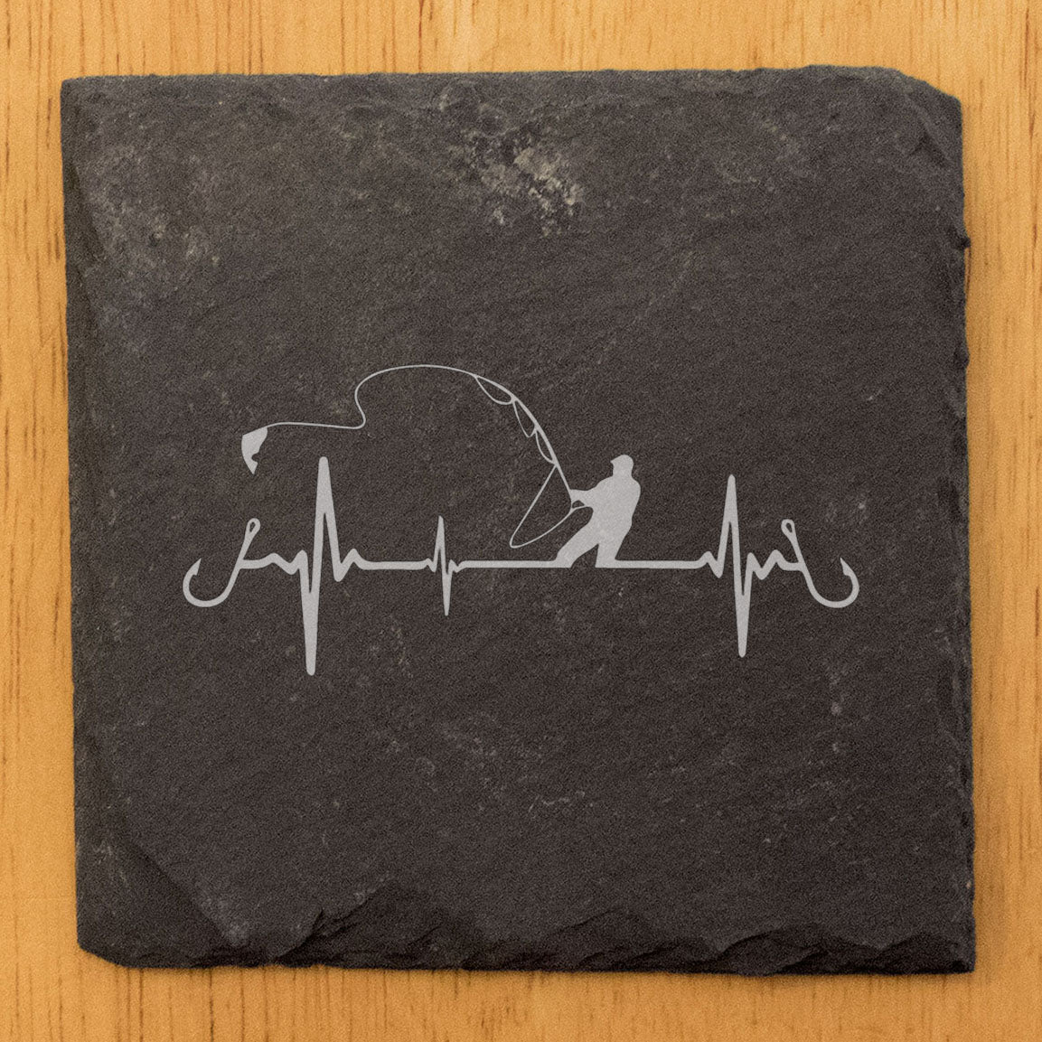 Fishing Lover Coasters: EKG Heartbeat &amp; Fisherman - Rustic Slate