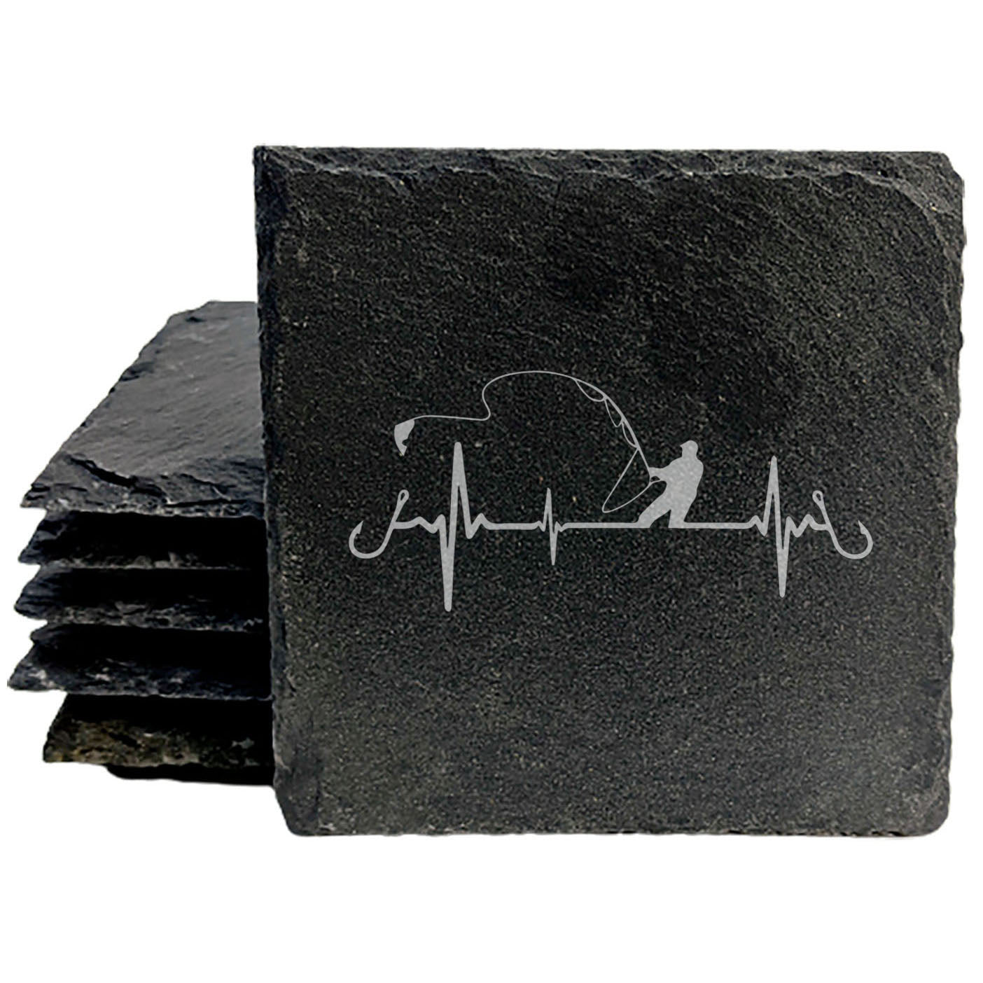 Fishing Lover Coasters: EKG Heartbeat &amp; Fisherman - Rustic Slate