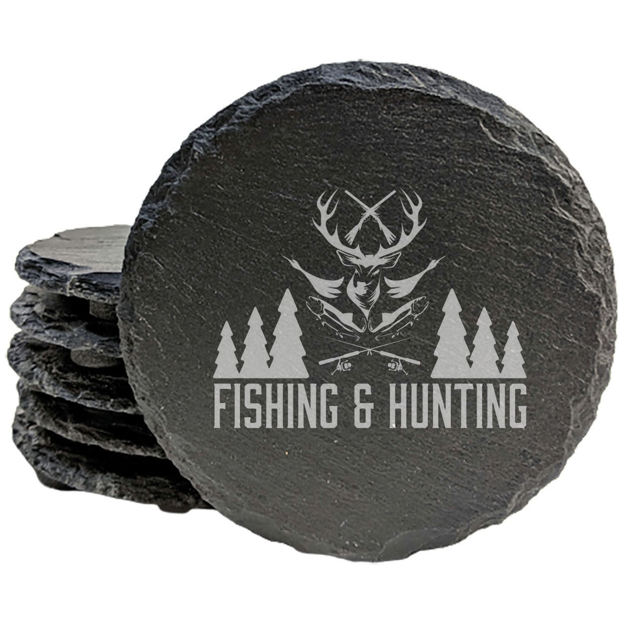 Hunting &amp; Fishing Coasters: Rustic Slate, Laser Etched - Fish, Ducks, Deer