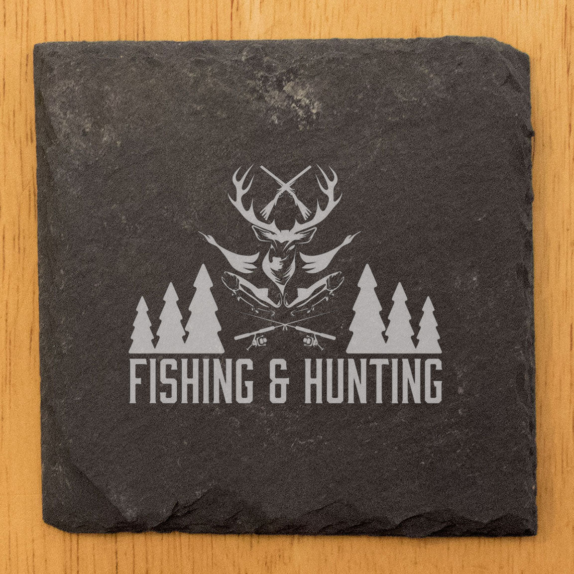 Hunting &amp; Fishing Coasters: Rustic Slate, Laser Etched - Fish, Ducks, Deer