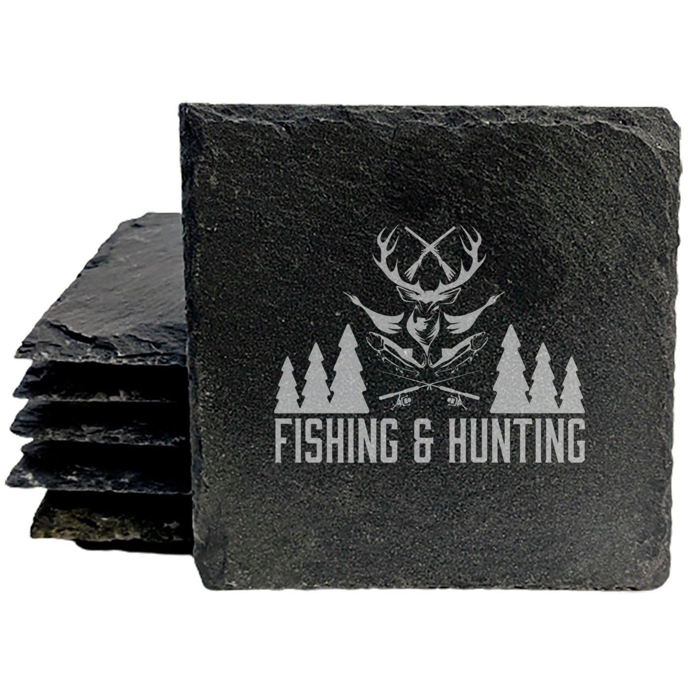 Hunting &amp; Fishing Coasters: Rustic Slate, Laser Etched - Fish, Ducks, Deer