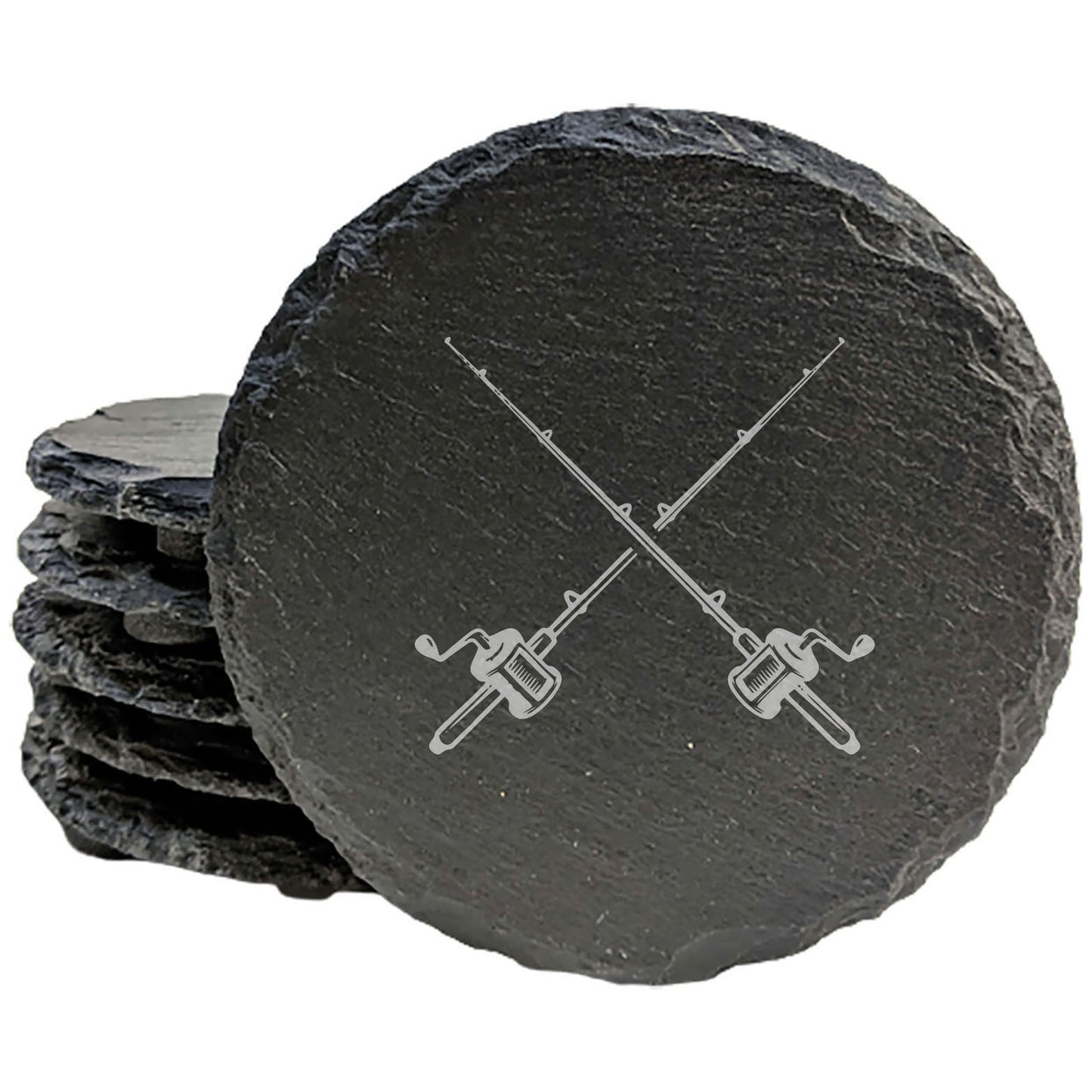 Fishing Lover Coasters: Crossed Rods - Rustic Slate, Laser Etched