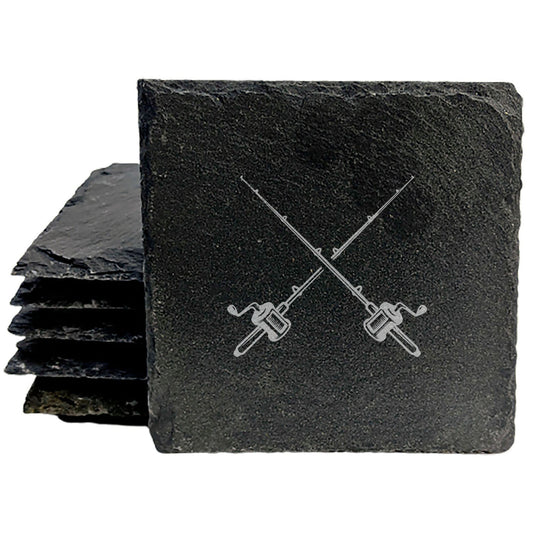 Fishing Lover Coasters: Crossed Rods - Rustic Slate, Laser Etched