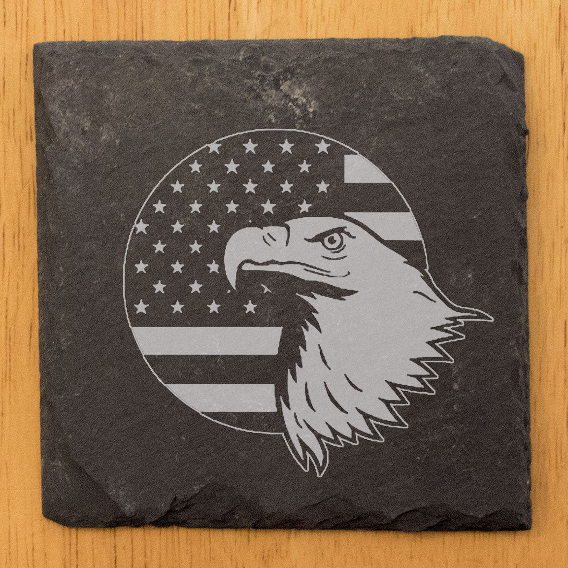 Patriotic Coasters: Bald Eagle &amp; American Flag - Rustic Slate, Laser Etched- Round Slate - set of 4