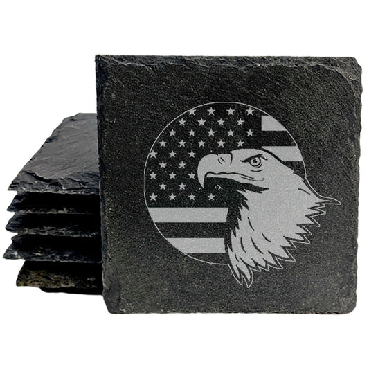 Patriotic Coasters: Bald Eagle &amp; American Flag - Rustic Slate, Laser Etched- Round Slate - set of 4