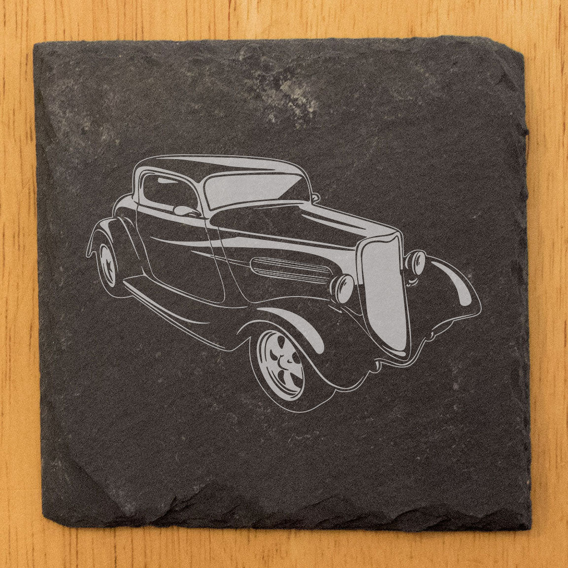Rustic Gray Slate Coasters with 1933 Ford Coupe Design | Set of 4 Laser Etched Round/Square Drink Mats | Perfect Gift for Man Cave or She-Shed | Handmade in Oregon USA by Small Business