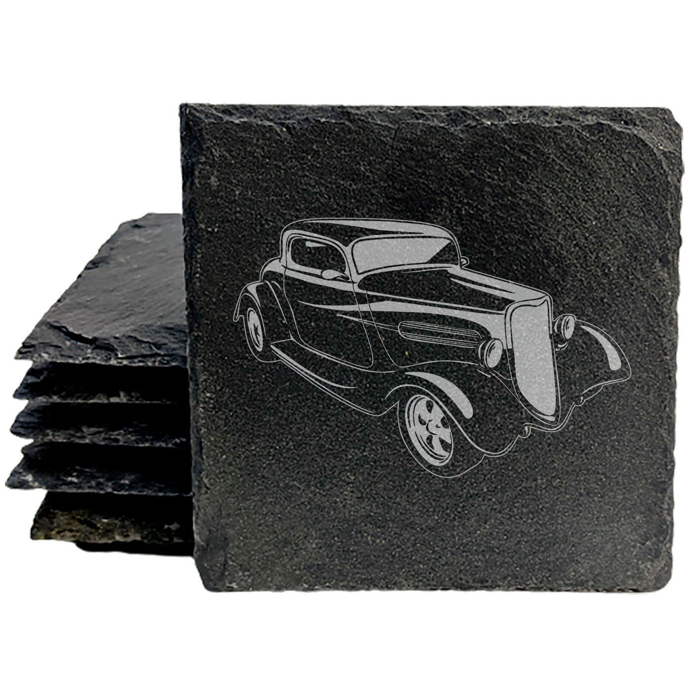 Rustic Gray Slate Coasters with 1933 Ford Coupe Design | Set of 4 Laser Etched Round/Square Drink Mats | Perfect Gift for Man Cave or She-Shed | Handmade in Oregon USA by Small Business
