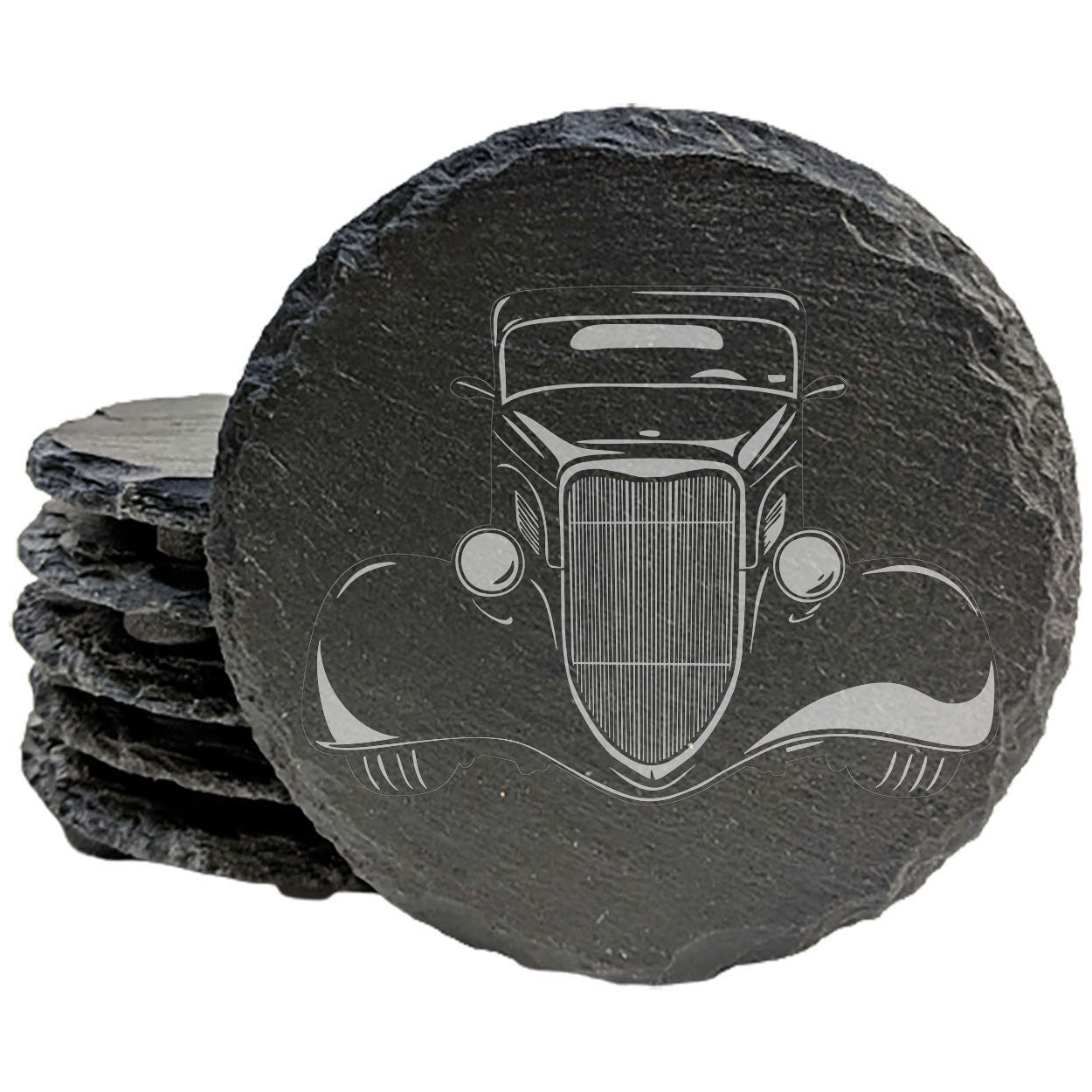 Rustic Gray Slate Coasters with 1933 Ford Coupe Design | Set of 4 Laser Etched Round/Square Drink Mats | Perfect Gift for Man Cave or She-Shed | Handmade in Oregon USA by Small Business