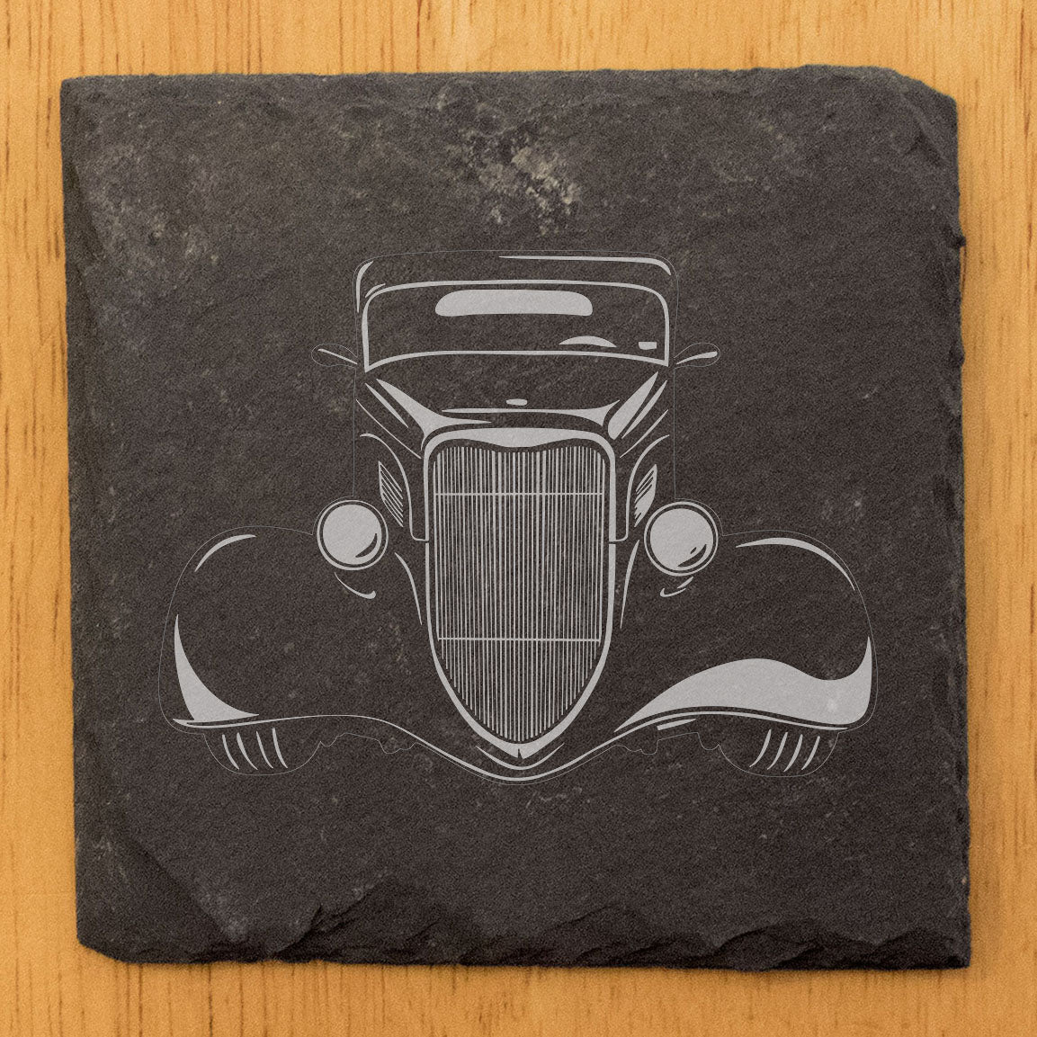 Rustic Gray Slate Coasters with 1933 Ford Coupe Design | Set of 4 Laser Etched Round/Square Drink Mats | Perfect Gift for Man Cave or She-Shed | Handmade in Oregon USA by Small Business