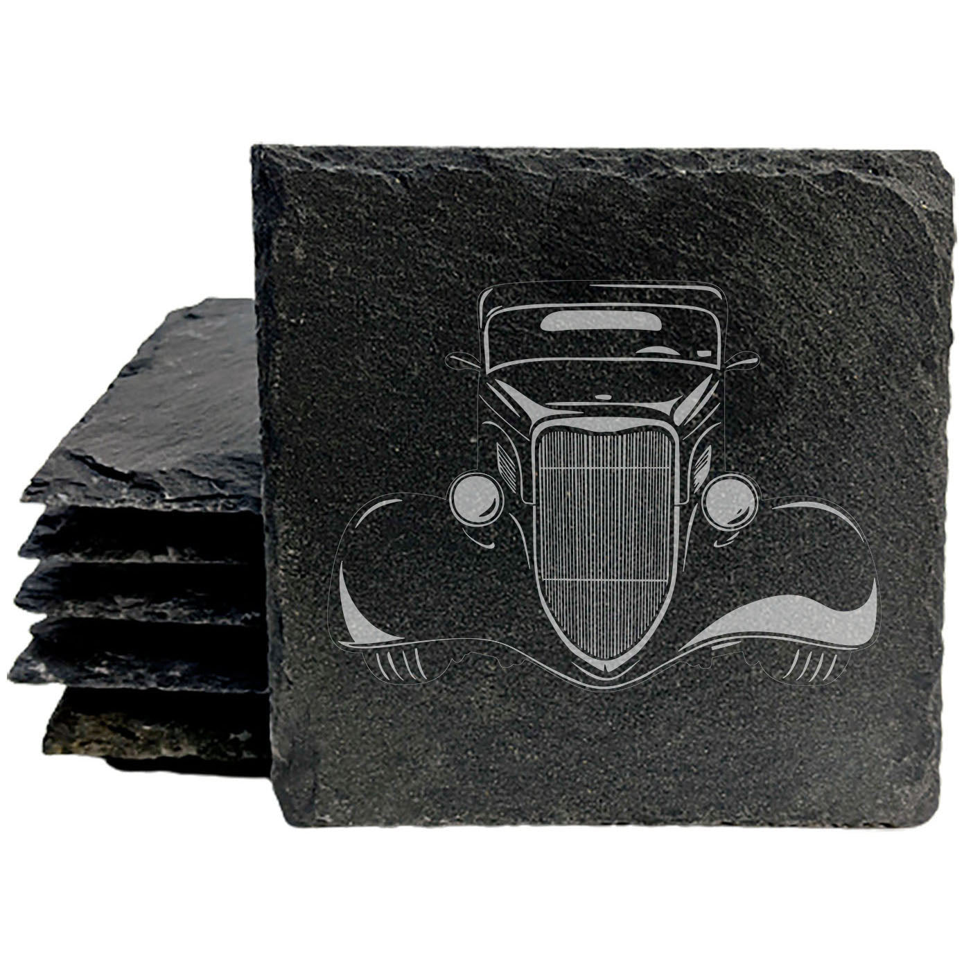 Rustic Gray Slate Coasters with 1933 Ford Coupe Design | Set of 4 Laser Etched Round/Square Drink Mats | Perfect Gift for Man Cave or She-Shed | Handmade in Oregon USA by Small Business