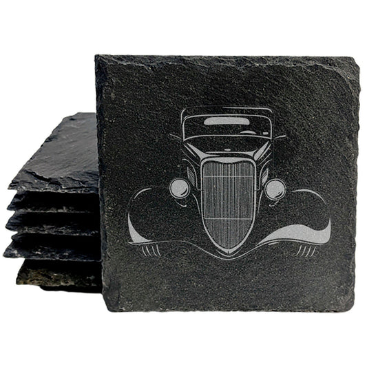 Rustic Gray Slate Coasters with 1933 Ford Coupe Design | Set of 4 Laser Etched Round/Square Drink Mats | Perfect Gift for Man Cave or She-Shed | Handmade in Oregon USA by Small Business