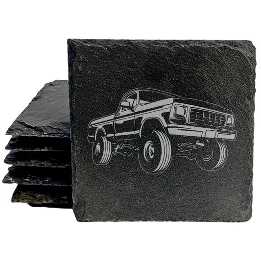Rustic Gray Slate Coasters Set of 4 with Laser Etched 1979 Ford F150 Design Perfect for Gift Giving Holidays Birthdays Housewarming She-Shed or Man Cave Made in Oregon USA Natural Chipped Edge