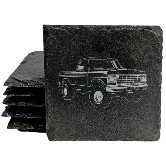 Rustic Slate Coasters Set | Laser-Etched 1970 Ford F150 Ranger Pickup Design | Vintage-Inspired Drink Coasters for Home Decor and Car Enthusiasts