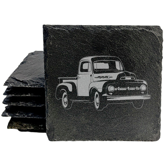 Vintage 1952 Ford F1 Pickup Laser-Etched Rustic Slate Coasters | Unique Car Enthusiast Drink Mats