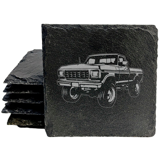 1978 Ford F-250 Pickup Design Rustic Gray Slate Coasters Set of 4 - Laser Etched, Natural Chipped Edge, Rubber Feet, Perfect for She-Shed or Man Cave, Great Gift from Small Oregon Business