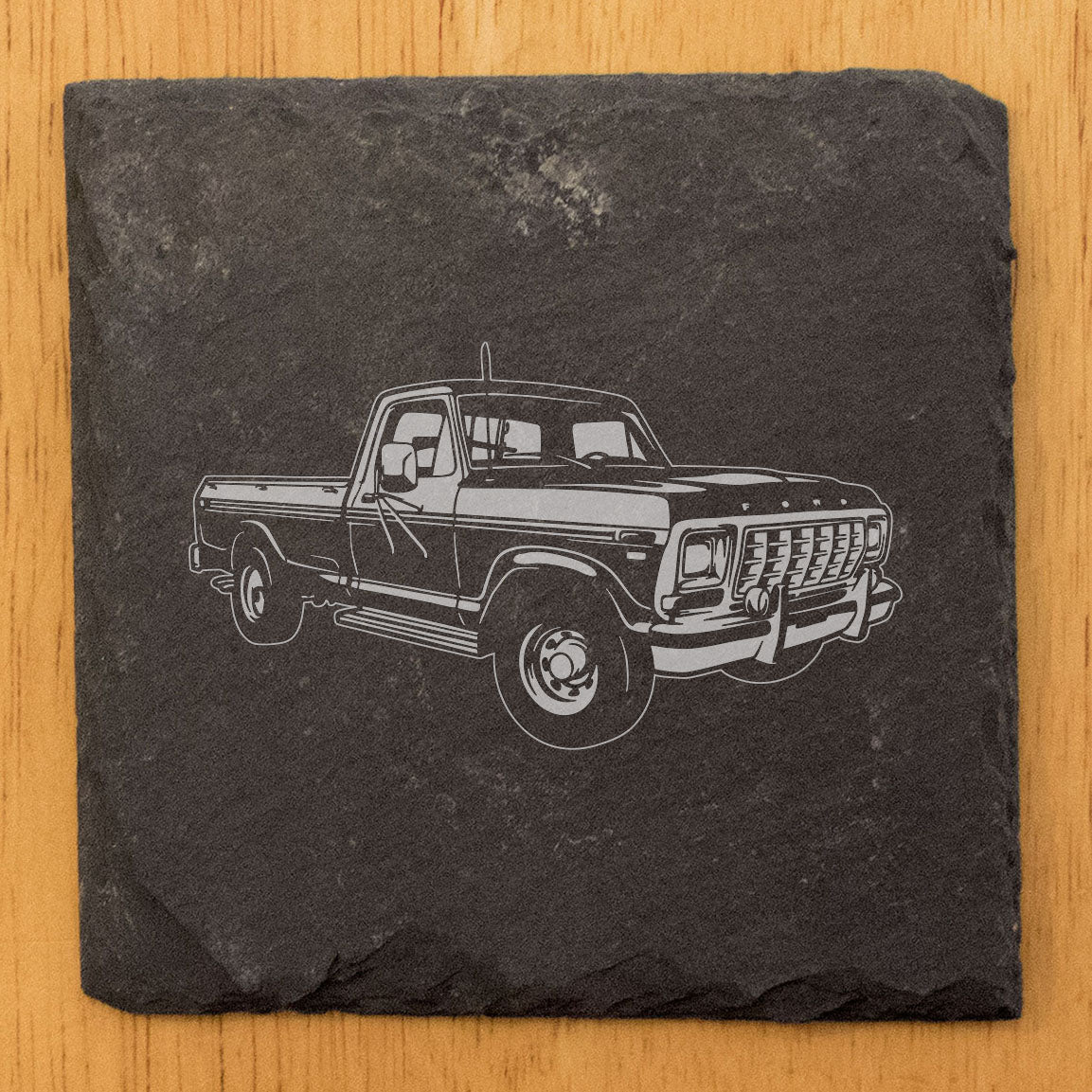 Rustic Gray Slate Coasters Set of 4 with Laser Etched 1979 Ford F-250 Ranger Lariat Design Perfect Gift for Holidays Birthdays Housewarming She-Shed Man Cave Made in Oregon USA Round or Square