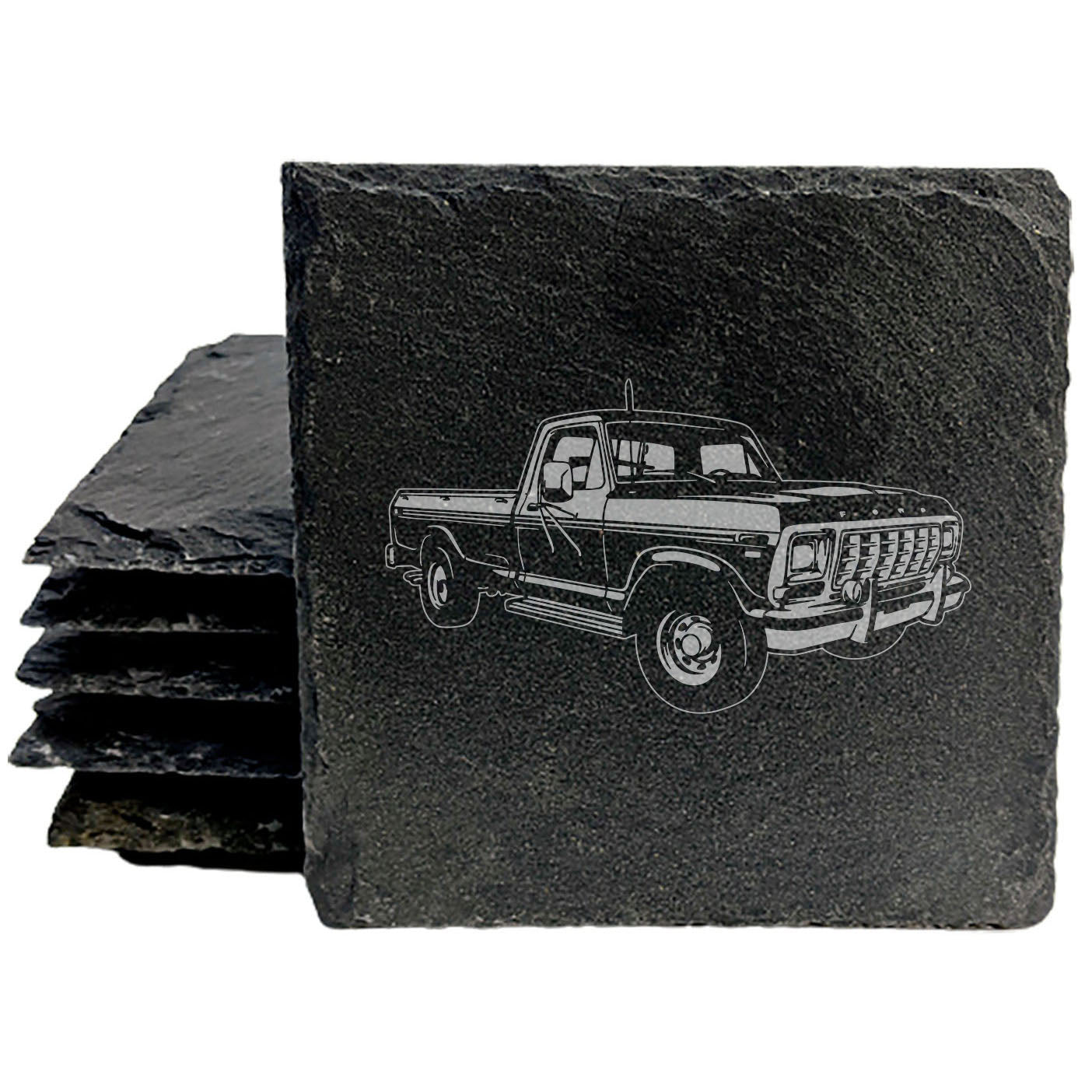 Rustic Gray Slate Coasters Set of 4 with Laser Etched 1979 Ford F-250 Ranger Lariat Design Perfect Gift for Holidays Birthdays Housewarming She-Shed Man Cave Made in Oregon USA Round or Square