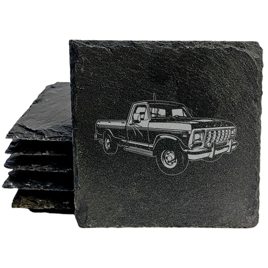 Rustic Gray Slate Coasters Set of 4 with Laser Etched 1979 Ford F-250 Ranger Lariat Design Perfect Gift for Holidays Birthdays Housewarming She-Shed Man Cave Made in Oregon USA Round or Square