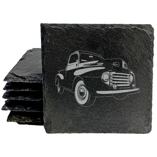 Vintage Ford F47 Pickup Design Rustic Slate Coasters | Laser Etched Drink Mats for Home Decor &amp; Car Enthusiasts