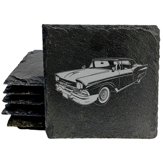 1957 Ford Fairlane 500 Design Rustic Gray Slate Coasters Set of 4 - Laser Etched, Natural Chipped Edge, Rubber Feet - Perfect Gift for Holidays, Birthdays, Housewarming - Made in Oregon USA